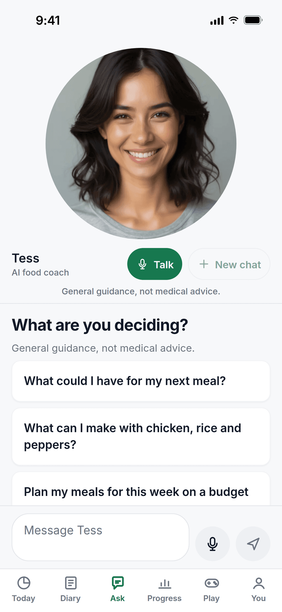 The Ask screen with Tess, the AI food coach, offering questions such as “What could I have for my next meal?” and “What can I make with chicken, rice and peppers?”