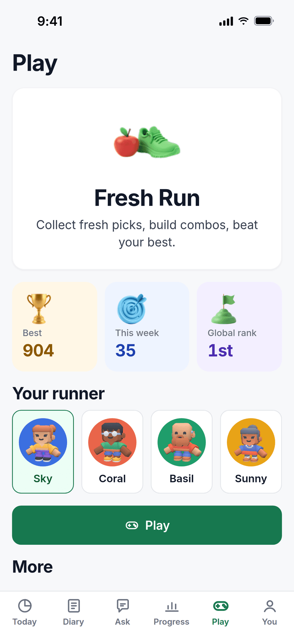 The Play tab with the Fresh Run game: best score 904, ranked 1st globally, and a choice of four runner characters.