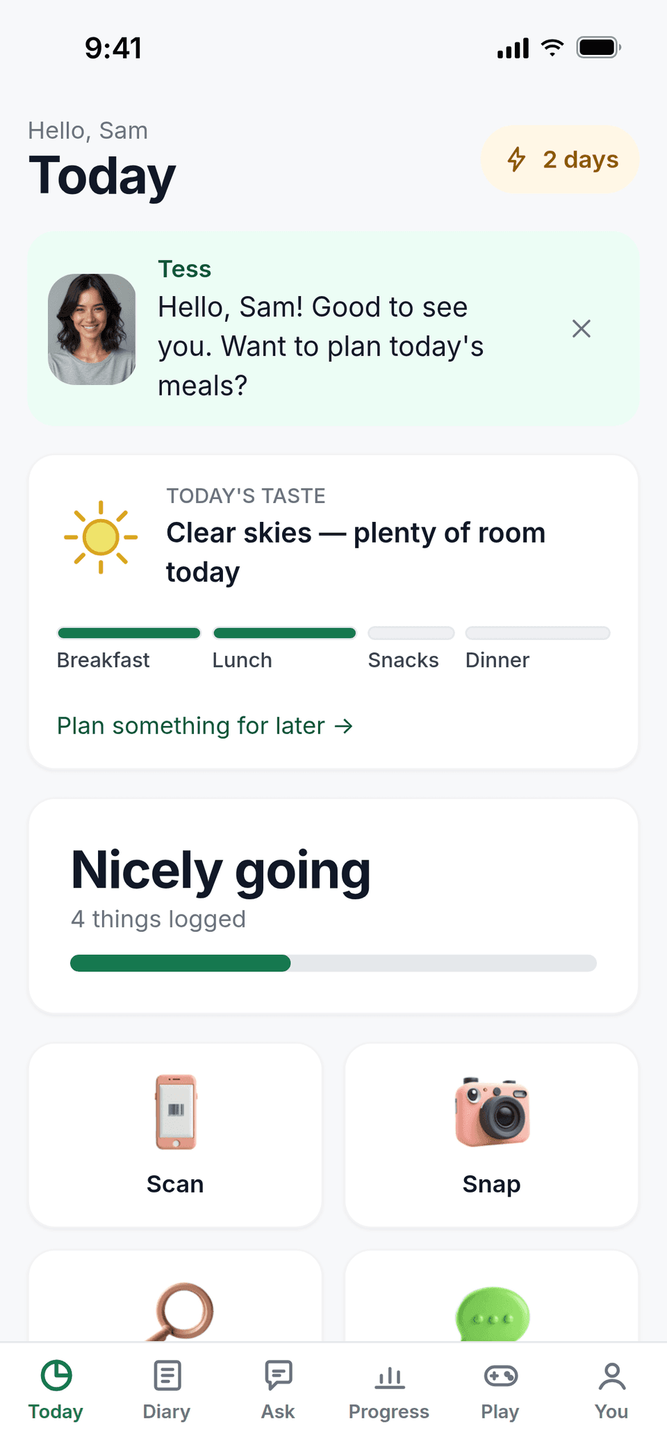 The Tasteally Today screen: a note from Tess the coach, Today’s Taste showing clear skies with breakfast and lunch logged, and Scan, Snap, Search and Ask buttons.