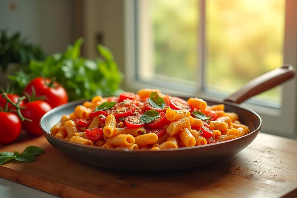 Cooking at home: a pan of pasta in tomato sauce with tomatoes, peppers and basil on a worktop