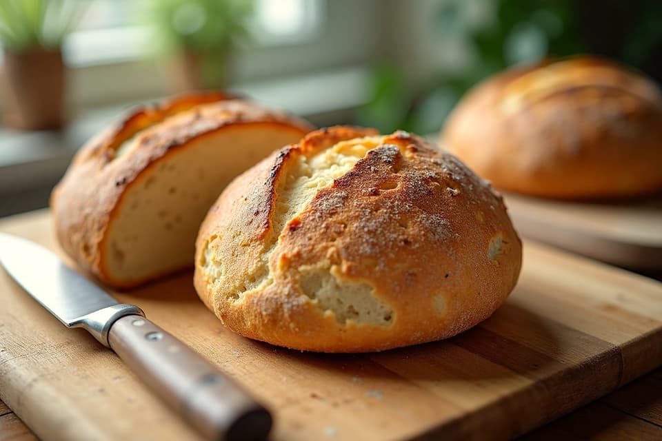 Crusty round loaves of bread on a wooden board with a bread knife