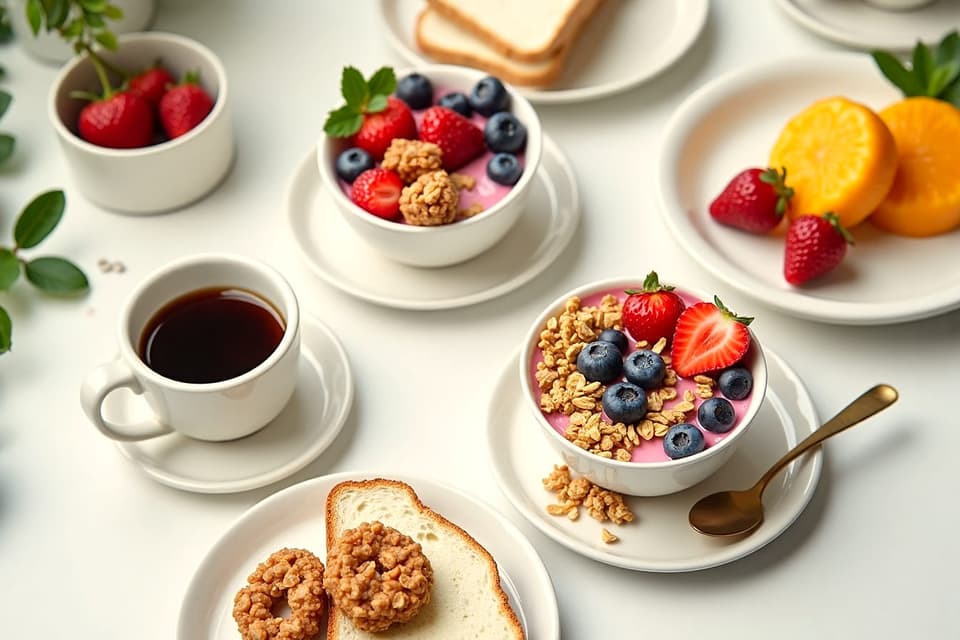 A breakfast table from above: yogurt bowls with berries and granola, toast, fruit and coffee