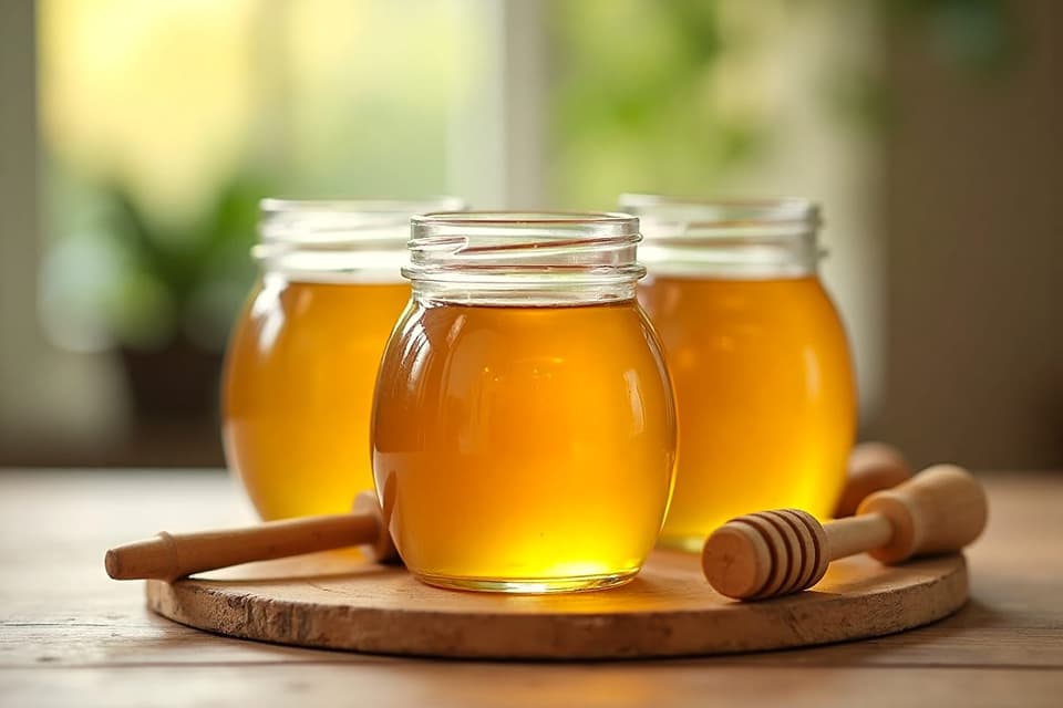Jars of golden honey with wooden honey dippers