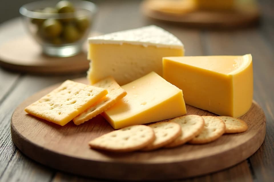 Cheeses, crackers and a bowl of olives on a wooden board