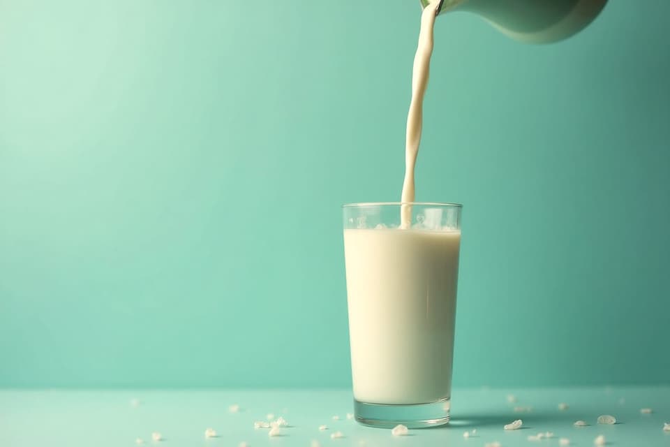 Plant milk being poured into a tall glass against a teal background