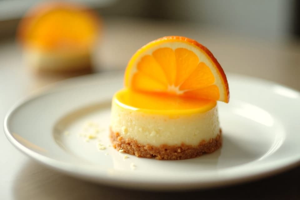A small orange cheesecake topped with an orange slice on a white plate
