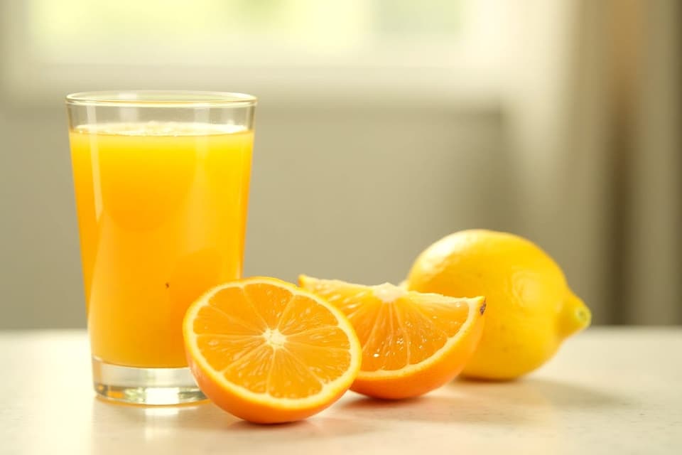 A glass of orange juice with halved oranges and a lemon