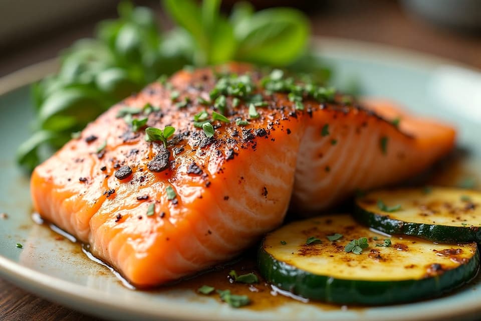Roasted salmon fillet with seasoned courgette slices