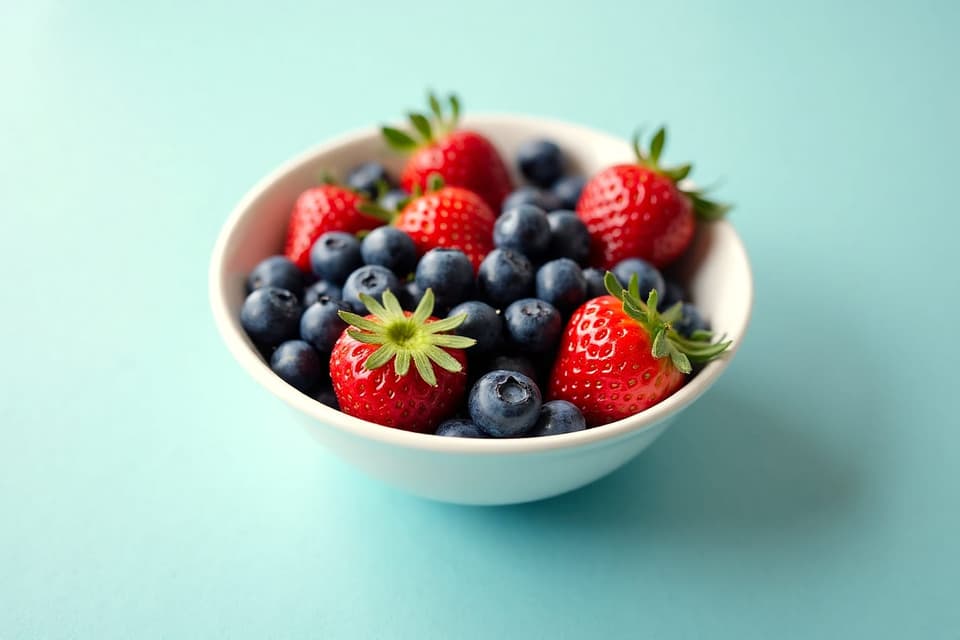 A white bowl of strawberries and blueberries against a blue background