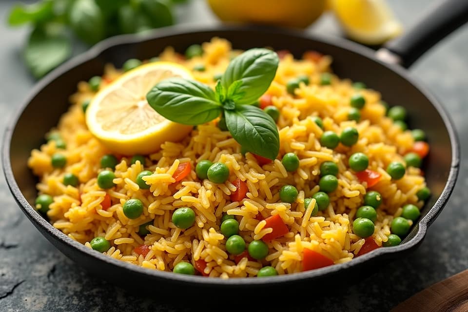 A pan of golden vegetable rice with peas, basil and a lemon wedge