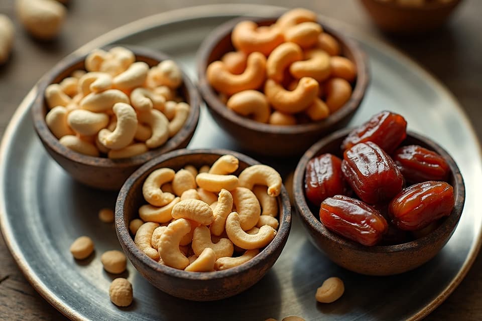 Three small bowls of mixed nuts, cashews and dates on a metal tray