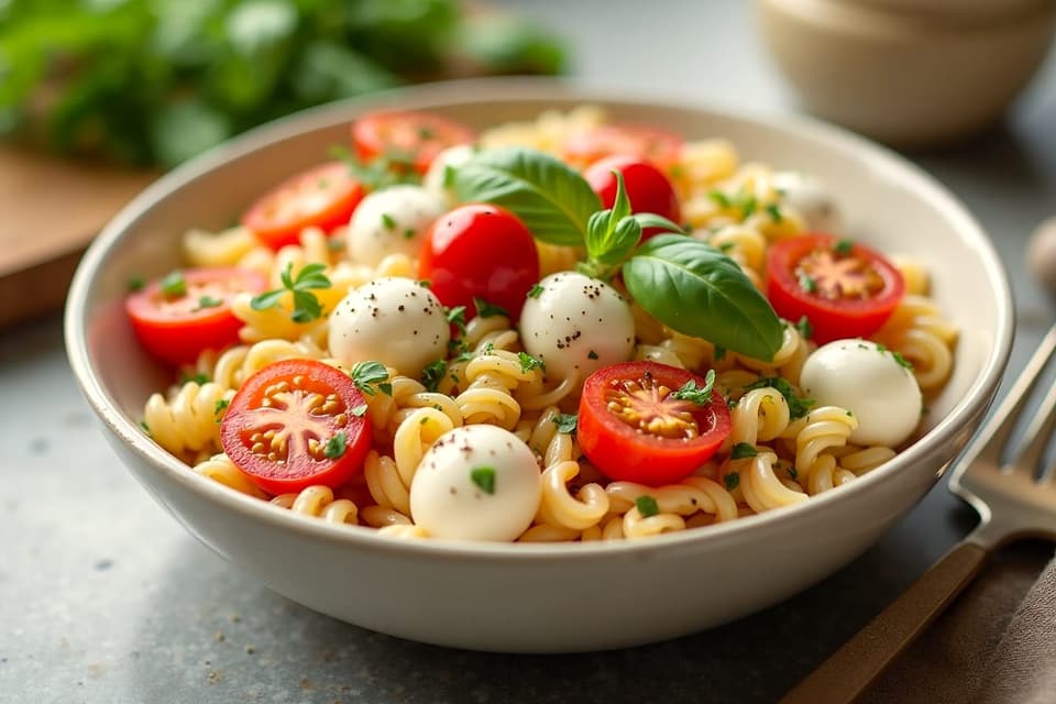 A bowl of pasta salad with cherry tomatoes, mozzarella and basil