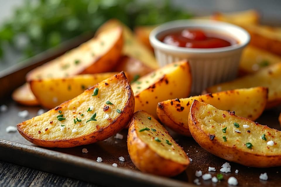 Roasted potato wedges with herbs on a dark tray