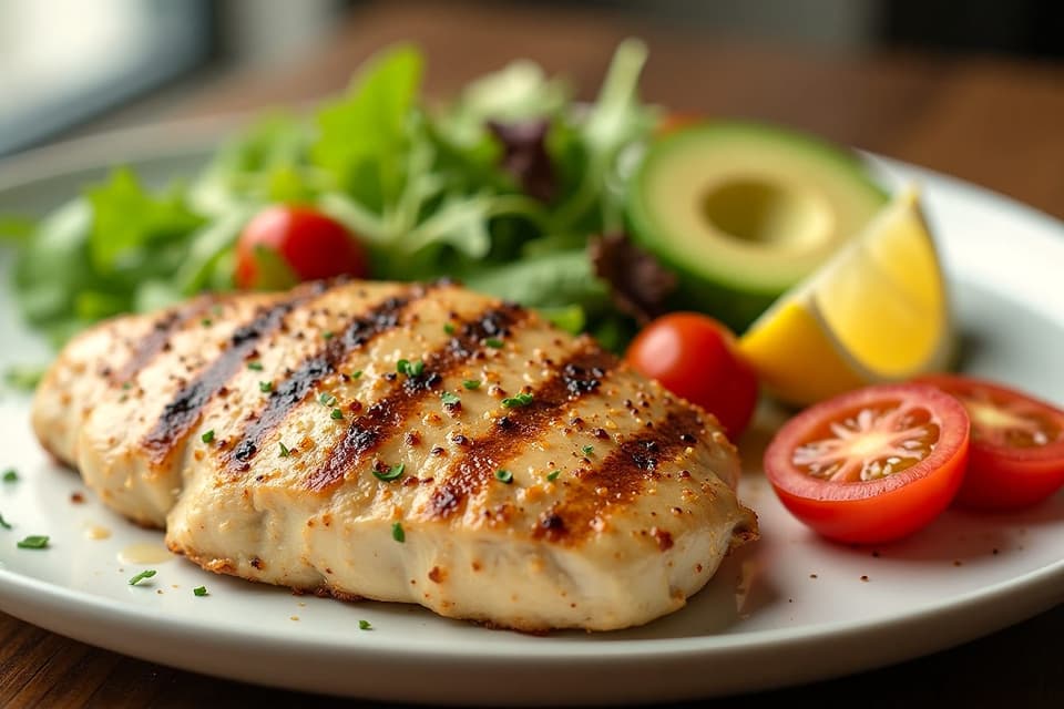 Grilled chicken with salad leaves, cherry tomatoes, avocado and lemon