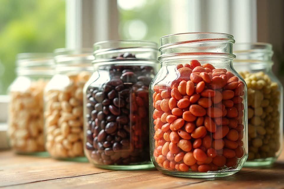 Glass jars of dried white beans, black beans, red kidney beans and green split peas