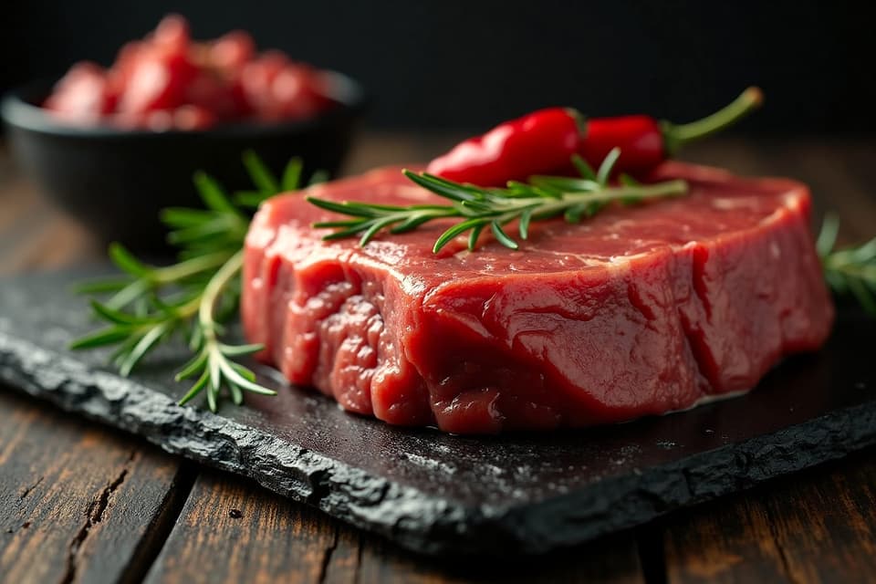 A raw steak with rosemary and red chillies on a dark board