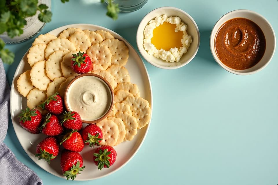 A platter of crackers, strawberries and dips on a blue table