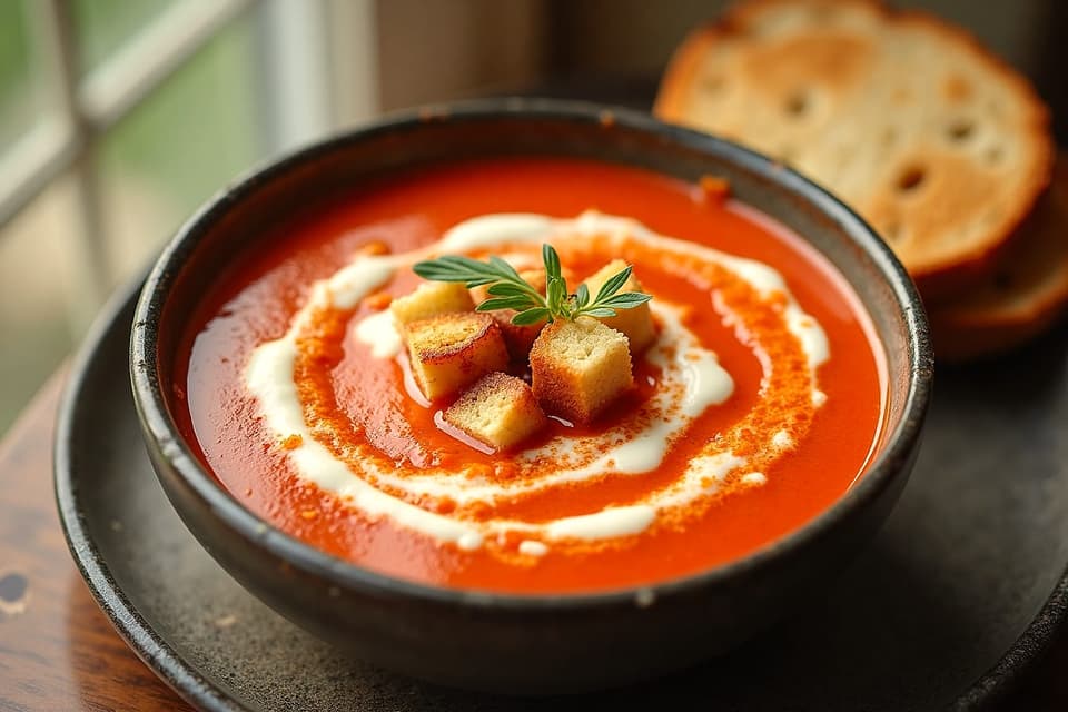 A bowl of tomato soup with croutons and a slice of bread