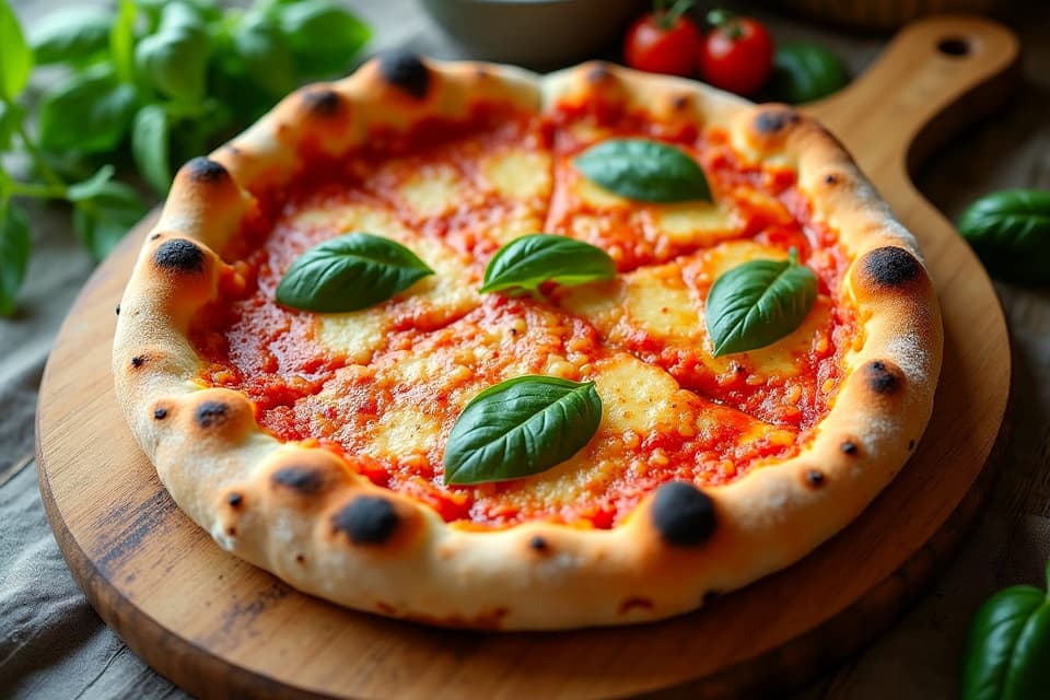 A margherita pizza with basil on a wooden board