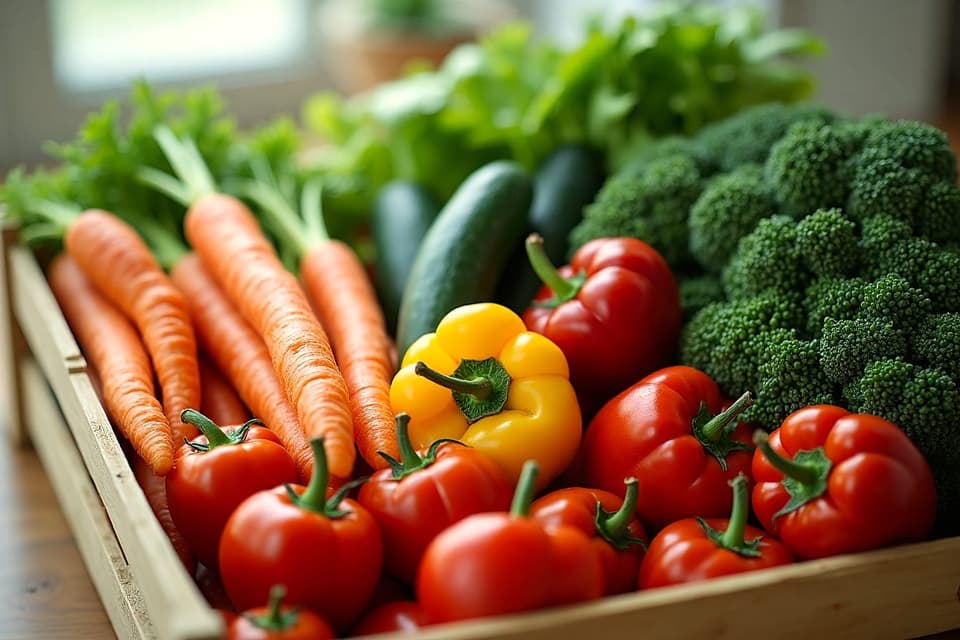 A crate of mixed vegetables and fruit: carrots, cucumbers, tomatoes, peppers and kale