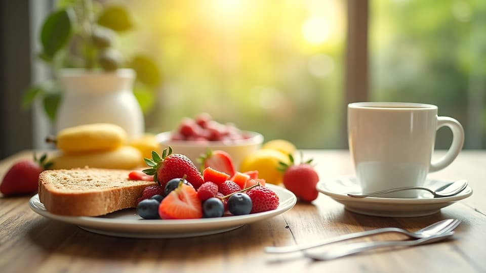 A balanced breakfast spread with fruit, yogurt, wholegrain toast and coffee