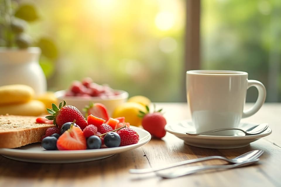 A balanced breakfast spread with fruit, yogurt, wholegrain toast and coffee