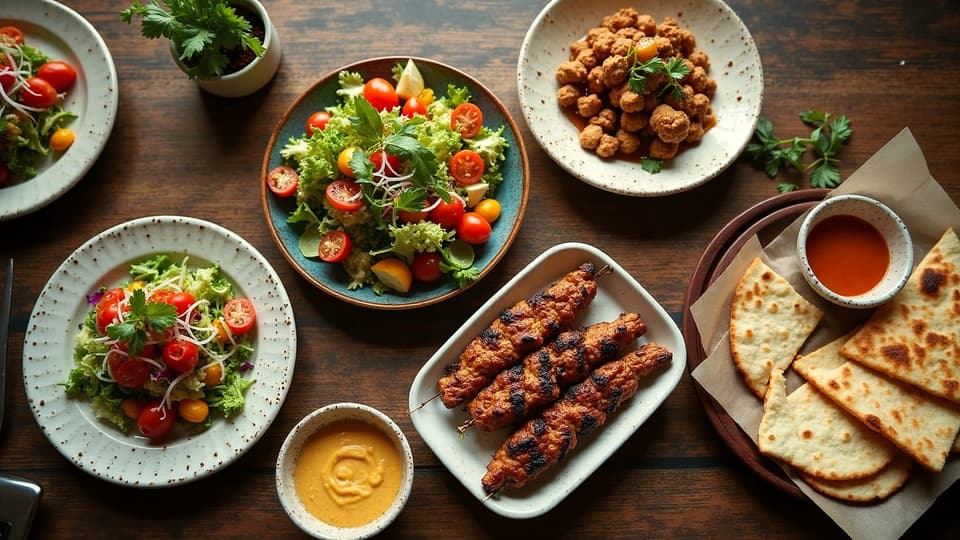 A table of shared dishes from above: salads, grilled skewers, flatbread and dips