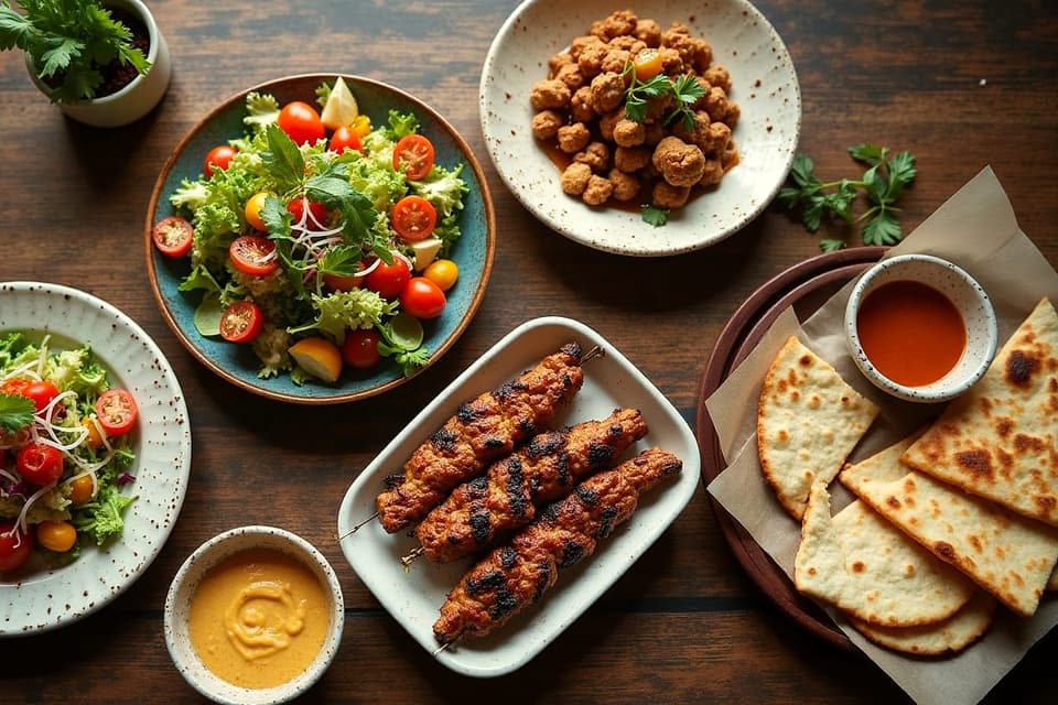 A table of shared dishes from above: salads, grilled skewers, flatbread and dips