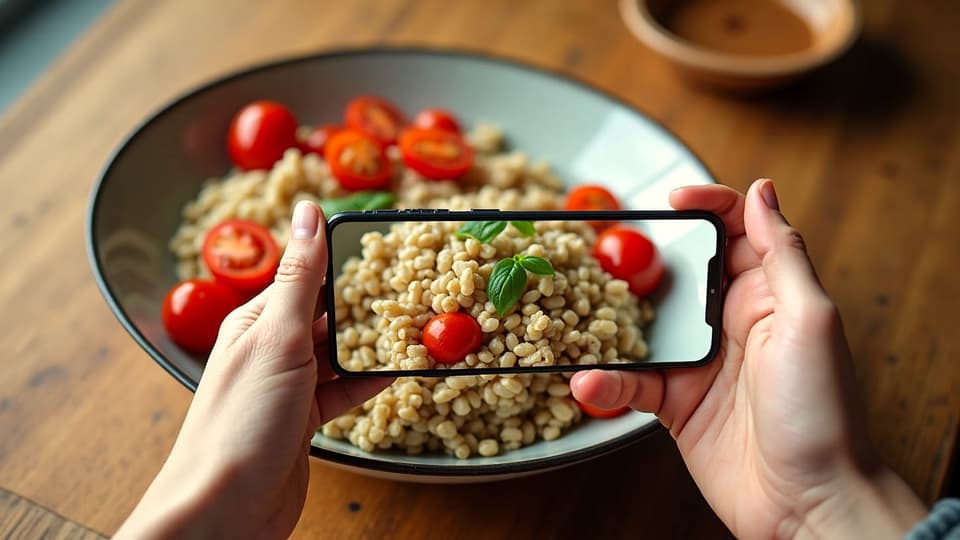 Two hands holding a phone over a bowl of grain salad, photographing the meal