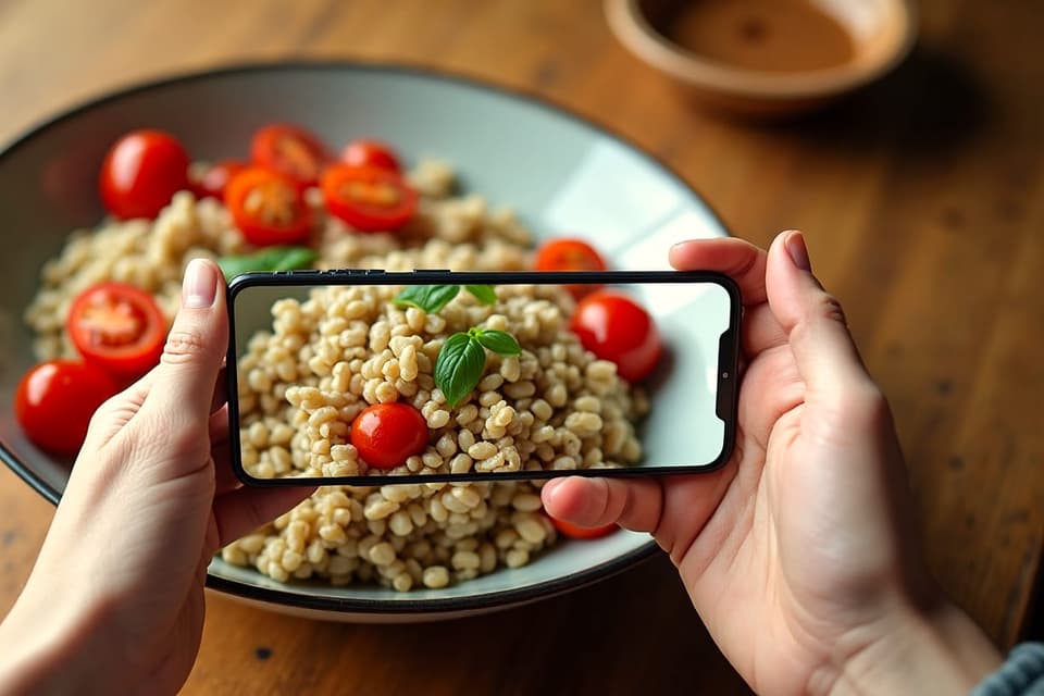 Two hands holding a phone over a bowl of grain salad, photographing the meal
