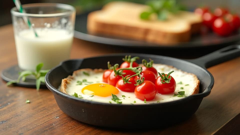 A fried egg in a pan with cherry tomatoes, toast and a glass of milk