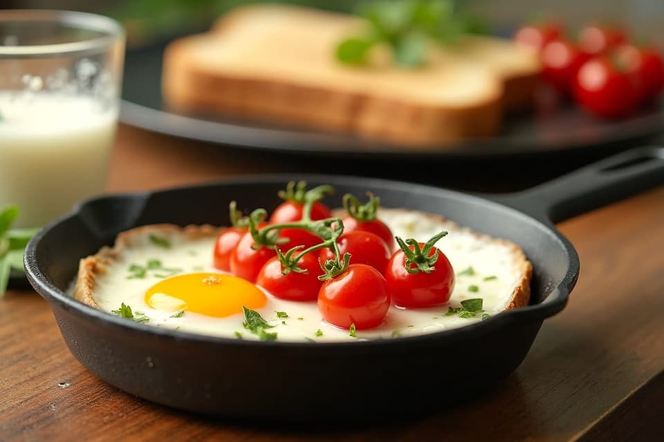 A fried egg in a pan with cherry tomatoes, toast and a glass of milk