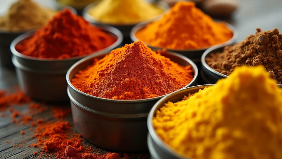 Tins of red, orange and yellow ground spices