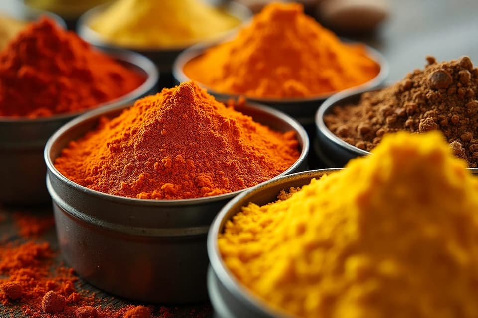Tins of red, orange and yellow ground spices