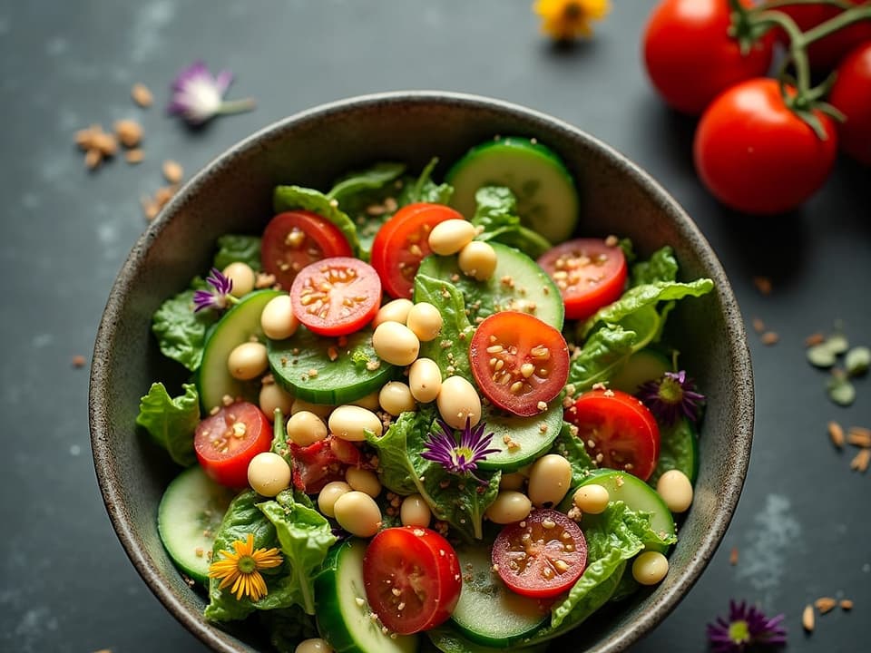 A colourful bowl of greens, beans, tomatoes, cucumber and edible flowers on a dark table