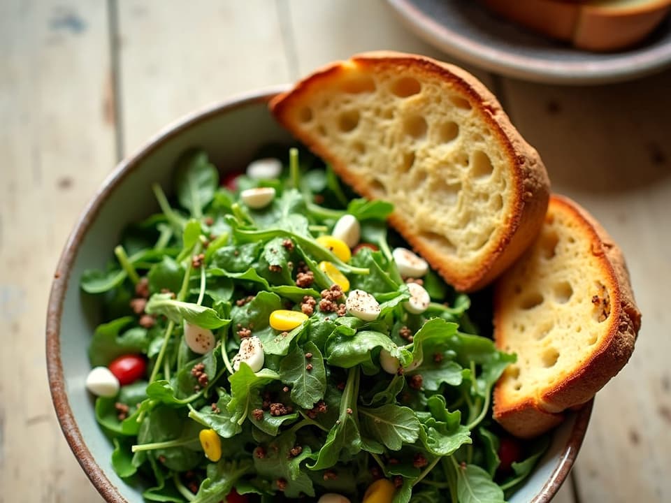 A fresh green salad with toasted sourdough, seen from above on a wooden table