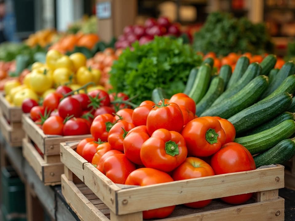 Wooden crates of fresh tomatoes, peppers, courgettes and greens at a market stall