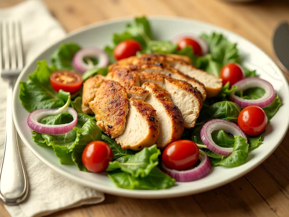 A plate of roast chicken on a bed of salad leaves, tomatoes and red onion, from above